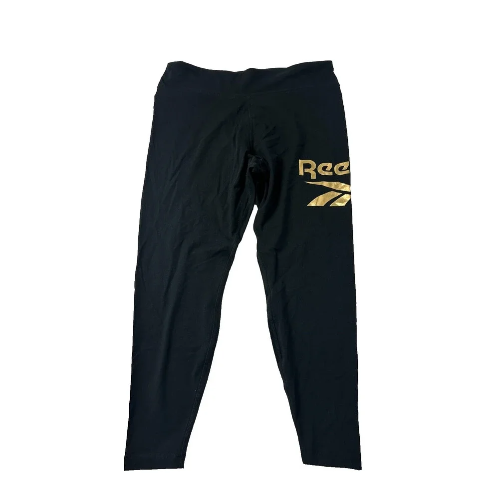Reebok Womens Black Shine Full-Length Logo Tight Compression Leggings Size 2X - Picture 3 of 6